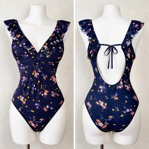 Navy Blue Floral Ruffle V-Neck One Piece Swimsuit Ruched Lace Up Back Womens